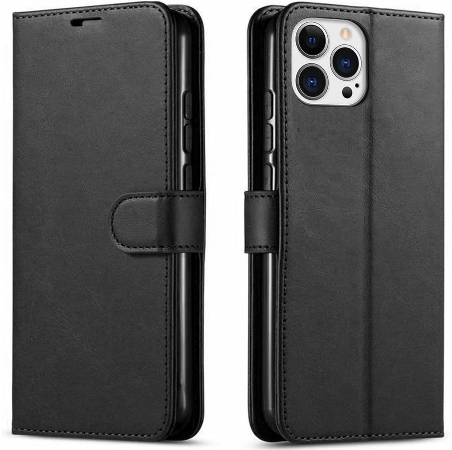 Black phone case with wallet functionality on a white background