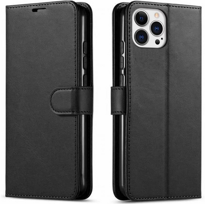 Black phone case with wallet functionality on a white background