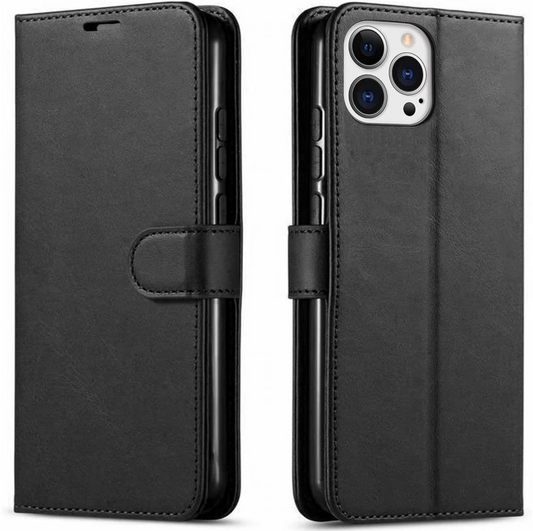 Black phone case with wallet functionality on a white background