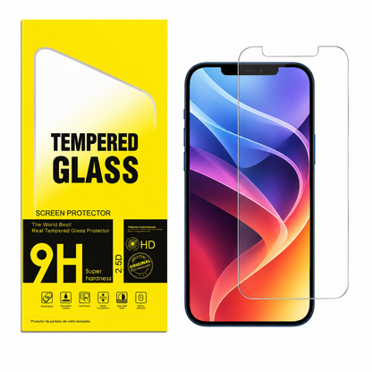 A clear tempered glass screen protector shown partially detached from a smartphone, next to its bright yellow retail packaging labeled 'Tempered Glass' and '9H'.