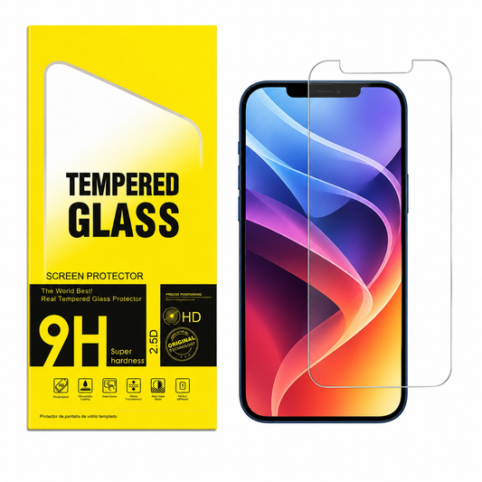 A clear tempered glass screen protector shown partially detached from a smartphone, next to its bright yellow retail packaging labeled 'Tempered Glass' and '9H'.