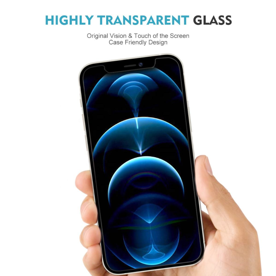 A hand holding a smartphone to demonstrate a highly transparent glass screen protector. The text at the top reads 'HIGHLY TRANSPARENT GLASS' with supporting descriptive text above it.