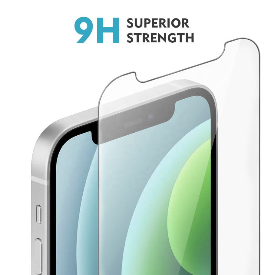 A clear tempered glass screen protector shown partially covering a smartphone, with the text '9H SUPERIOR STRENGTH' above it on a white background.