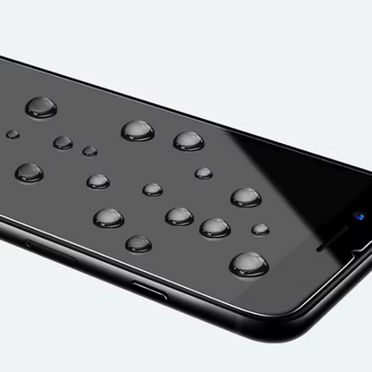 A close-up of a glossy black smartphone screen with water droplets on the surface, shown against a light gray background.