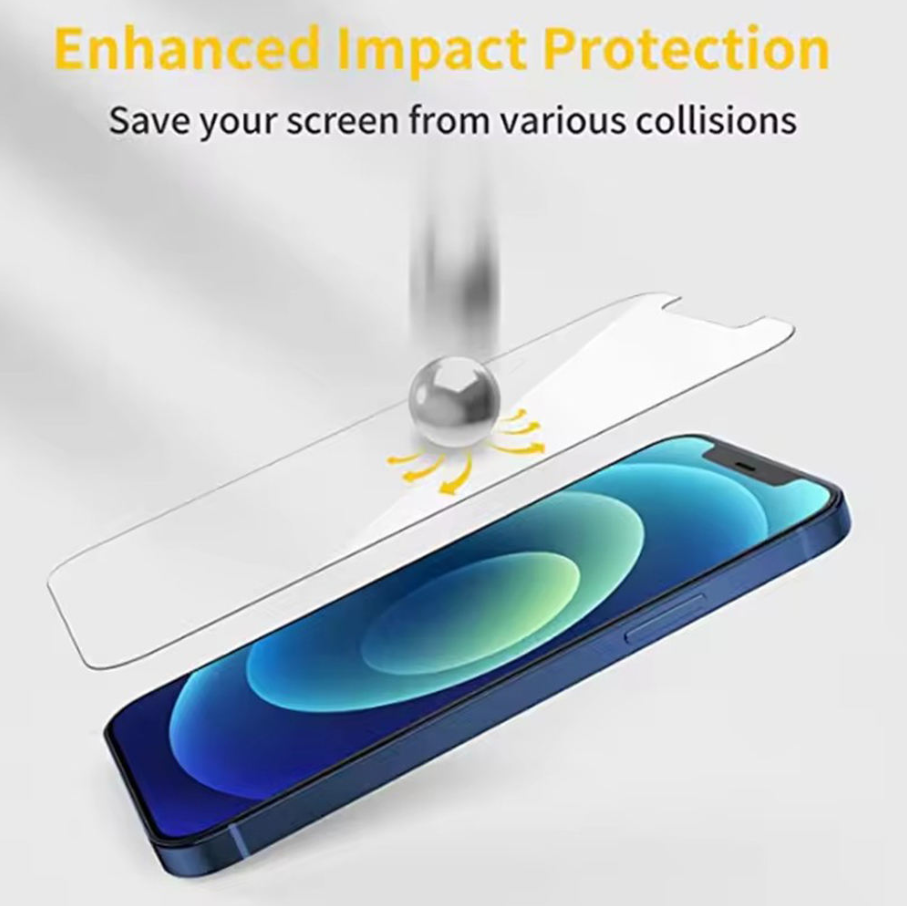 A smartphone shown at an angle with a transparent screen protector positioned above it, under the text 'Enhanced Impact Protection' and 'Save your screen from various collisions.' The protector is illustrated with a metallic ball and yellow impact marks to demonstrate protection.