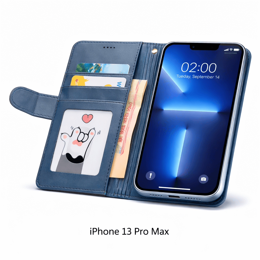 iPhone 13 Pro Max flip wallet case cowhide finish dot pattern W-008