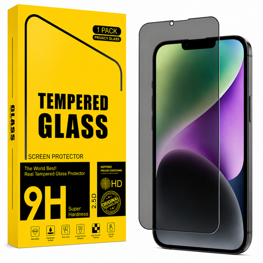 A pack of tempered glass screen protectors shown with their yellow retail box and one protector partially applied to a smartphone. The box reads 'Tempered Glass', 'Screen Protector', '9H Super Hardness', and '1 Pack Privacy Class'.