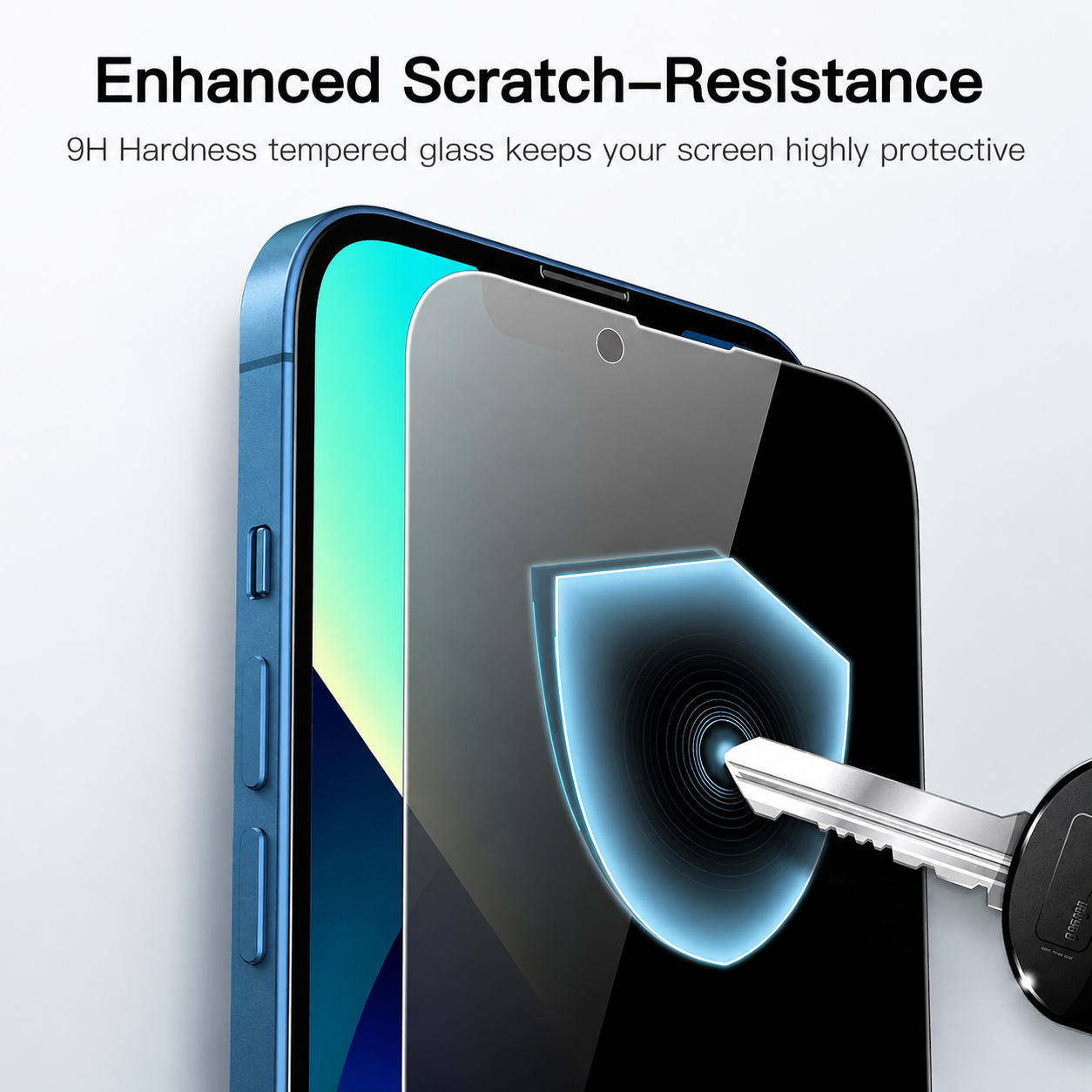 A smartphone with a clear tempered glass screen protector shown over a blue phone body, with a key graphic and text reading 'Enhanced Scratch-Resistance' and '9H Hardness tempered glass keeps your screen highly protective.'.