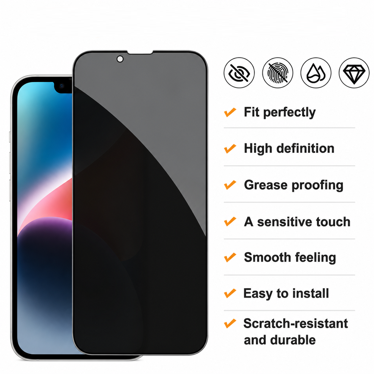 A black tempered glass screen protector shown in front of a smartphone, with feature icons and text listing benefits such as perfect fit, high definition, grease proofing, sensitive touch, smooth feeling, easy installation, and scratch resistance on a white background.