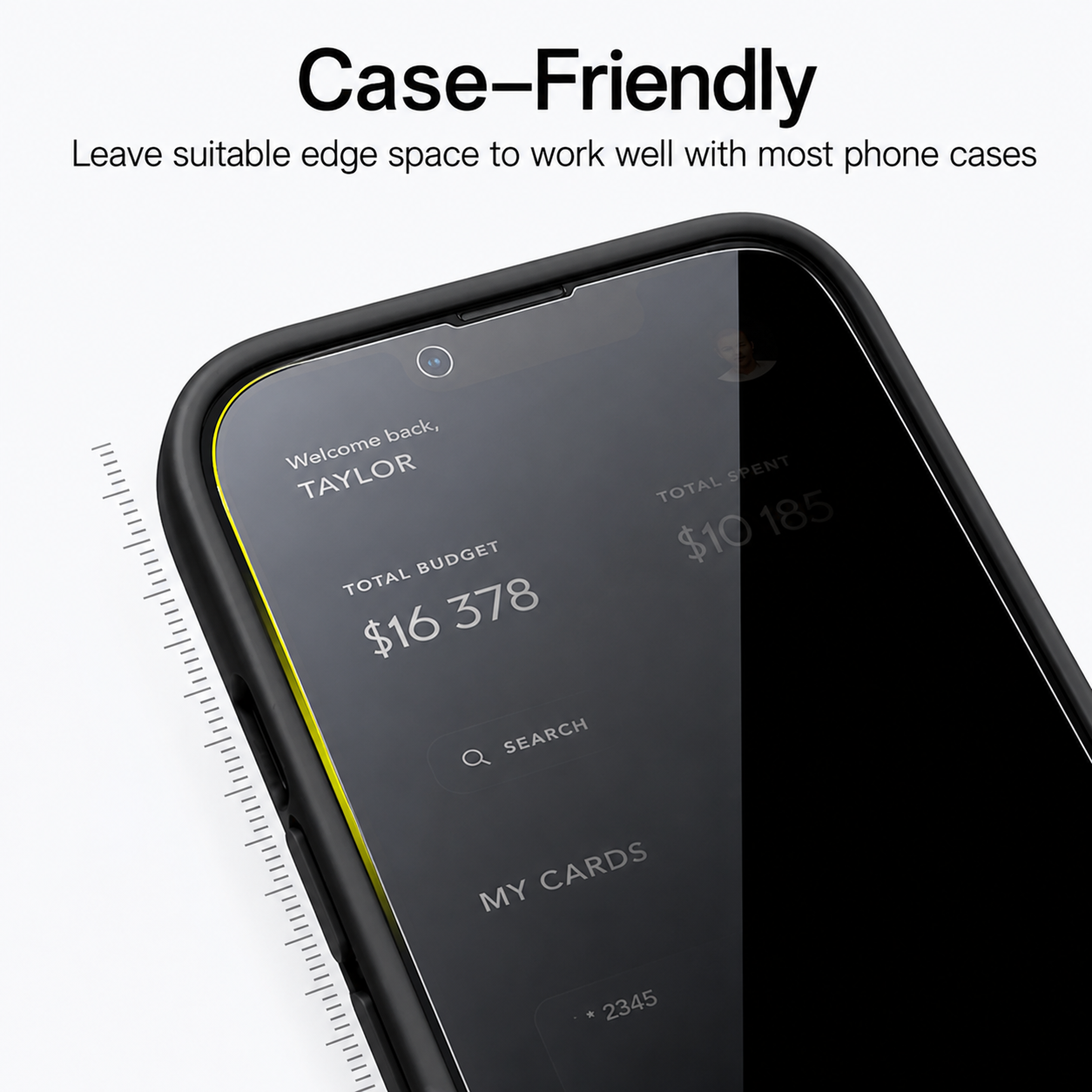 A close-up of a black phone case shown on a smartphone screen, with text at the top reading 'Case-Friendly' and a ruler graphic along the left edge indicating fit around the phone edges.