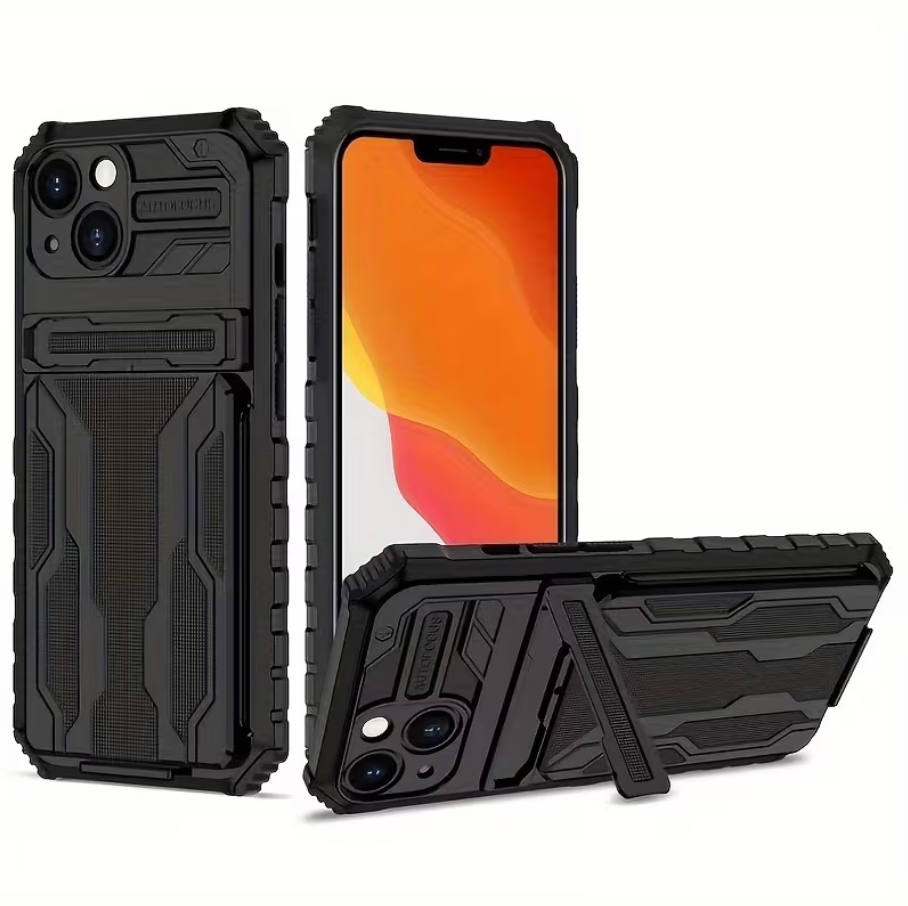 Black rugged phone case with a phone inside on a white background