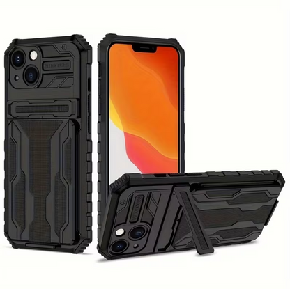 Black rugged phone case with a phone inside on a white background