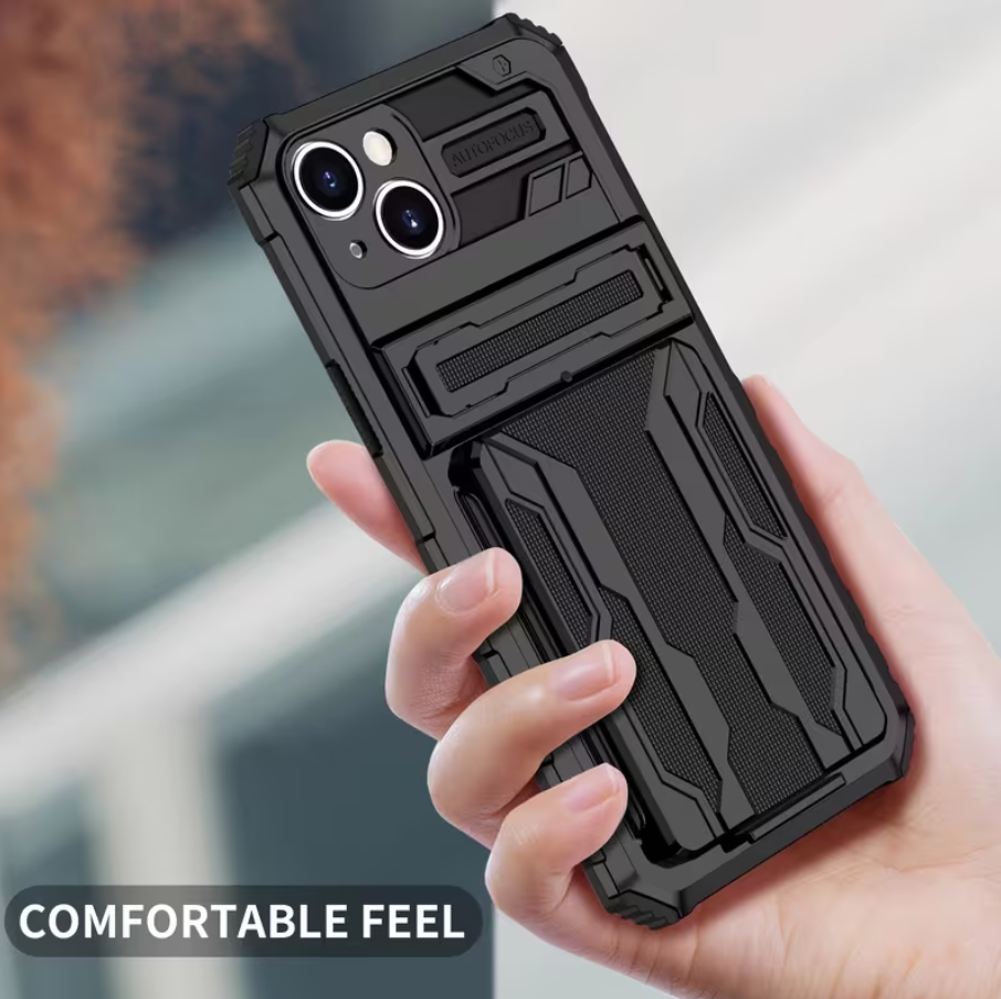 Person holding a black phone case with 'Comfortable Feel' text