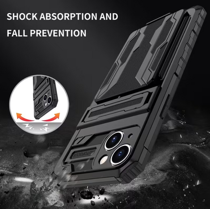 Black phone case with shock absorption and fall prevention features on a dark background