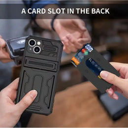 iPhone 15 Heavy Duty Shockproof Case With Card Holder & Kickstand (Black) - Mobile Phone