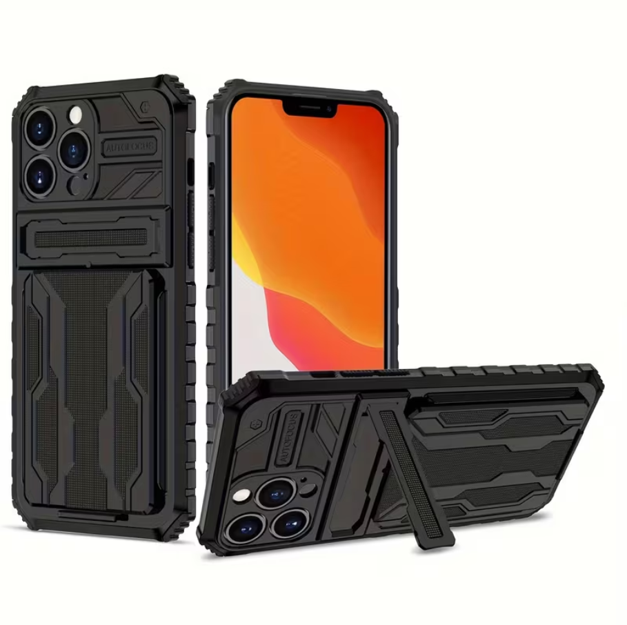 Black phone case with stand feature on a white background