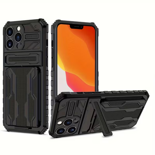 Black phone case with stand feature on a white background