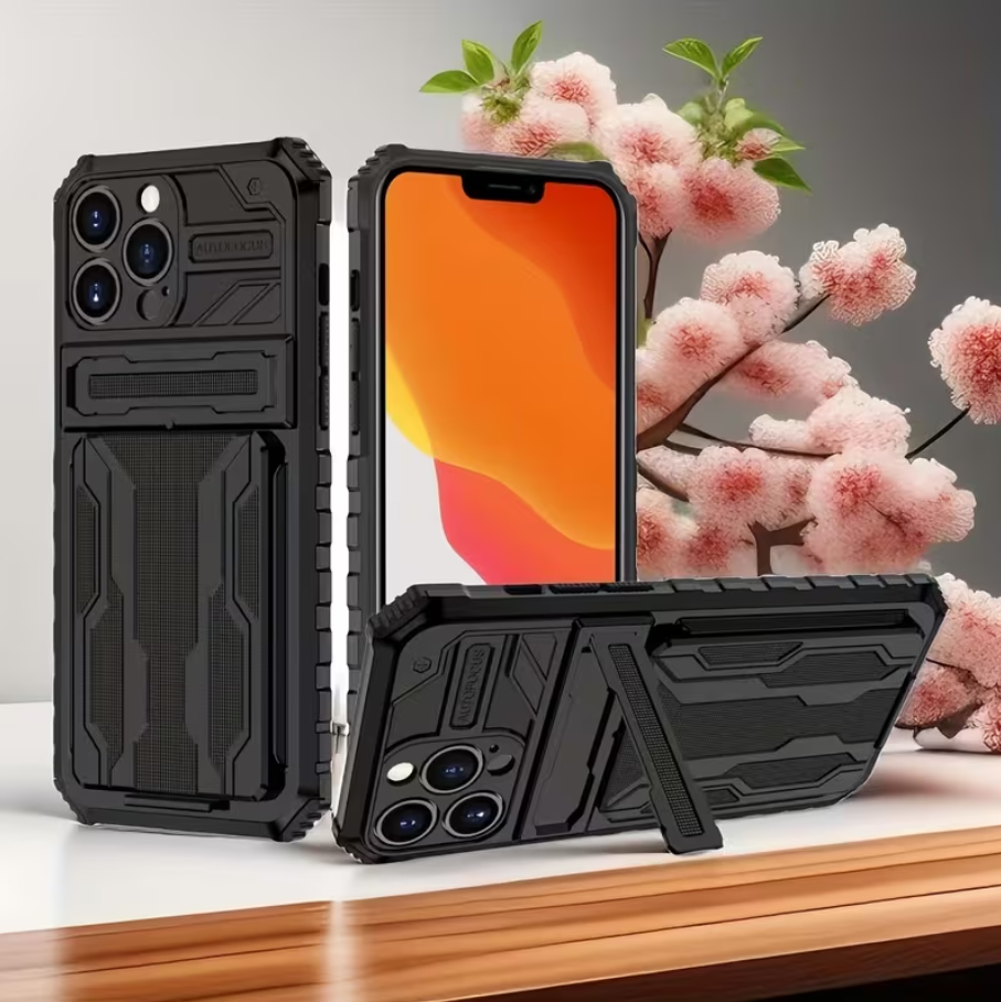 Black phone case with stand feature on a surface with cherry blossoms in the background