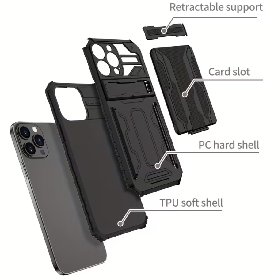 Phone case with labeled components on a white background