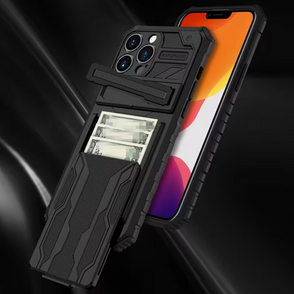 Phone case with card holder attached to a phone on a dark background