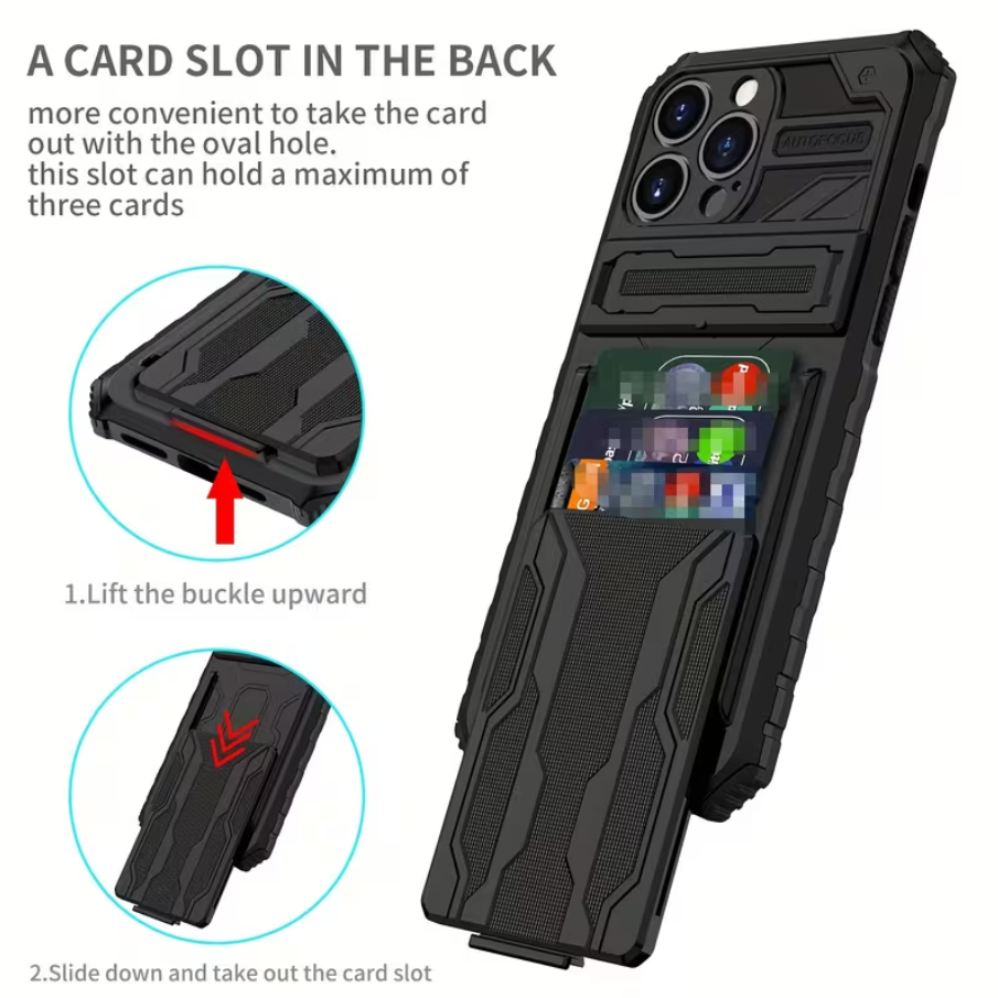 Black phone case with card slot feature on a white background