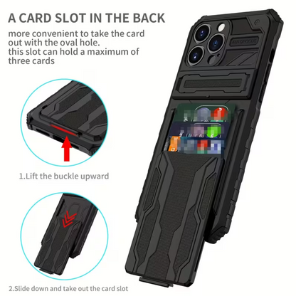 Black phone case with card slot feature on a white background