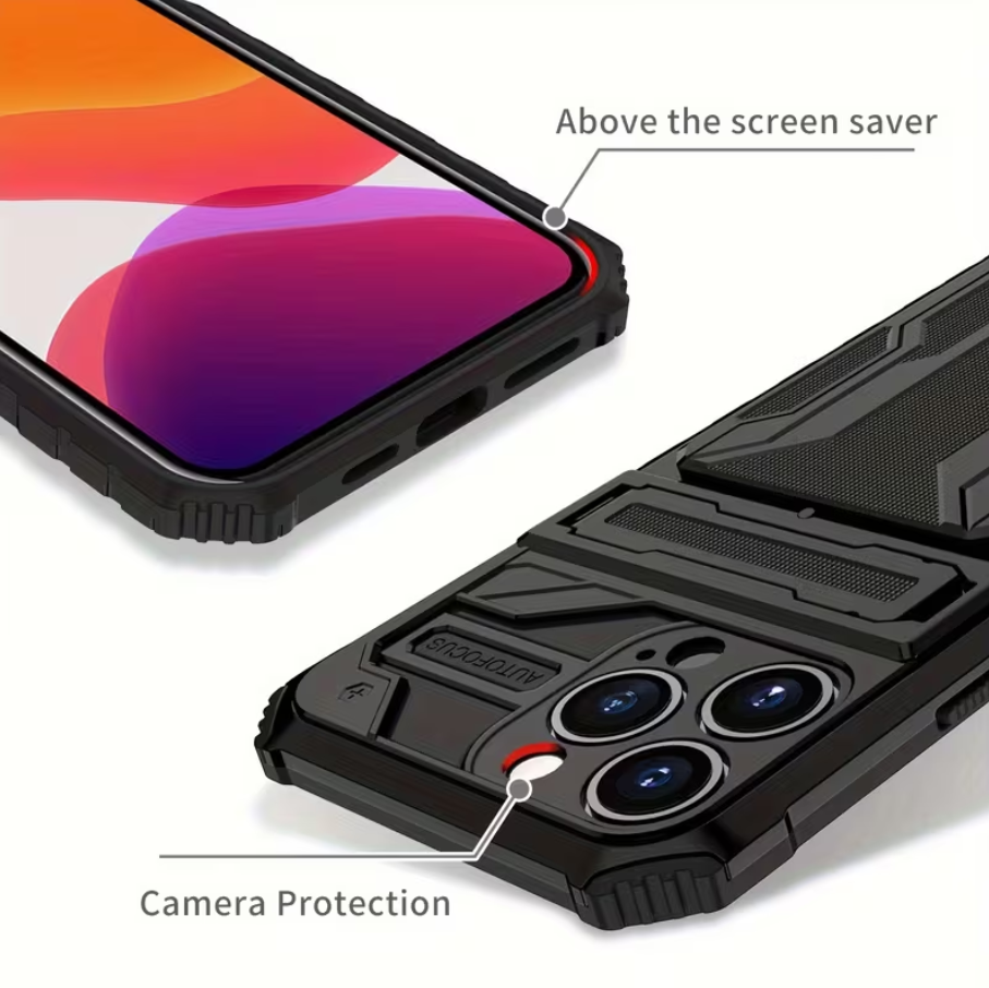 Black phone case with camera protection feature on a white background