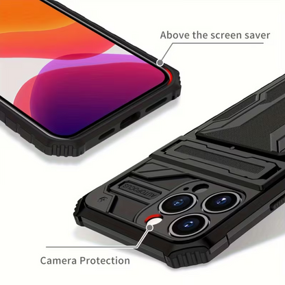 Black phone case with camera protection feature on a white background