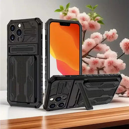 iPhone 15 Pro Heavy Duty Shockproof Case With Card Holder & Kickstand (Black) - Mobile Phone