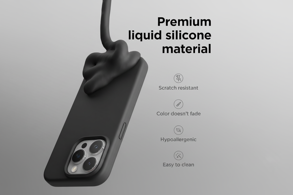 Black phone case with liquid silicone material features on a gray background