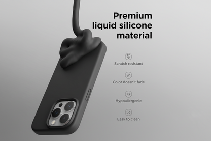 Black phone case with liquid silicone material features on a gray background