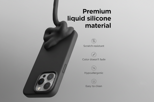 Black phone case with liquid silicone material features on a gray background