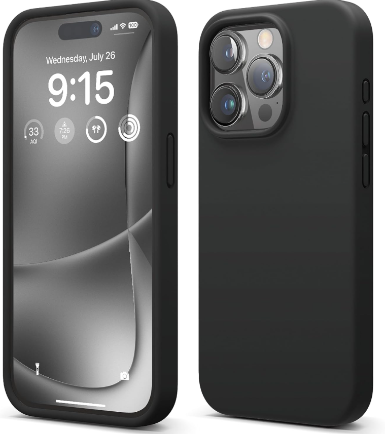 Black phone case with reflective surface on one side and matte finish on the other, displayed on a white background.