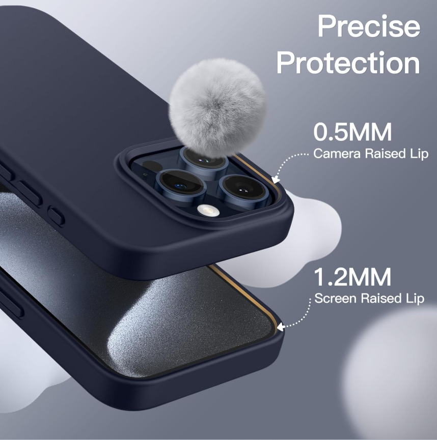 Phone case with raised lip design for camera and screen protection, featuring text on precise protection.