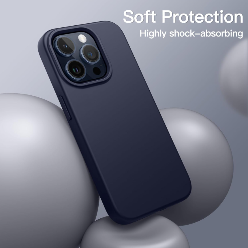 Phone case with 'Soft Protection' and 'Highly shock-absorbing' text on a gray background