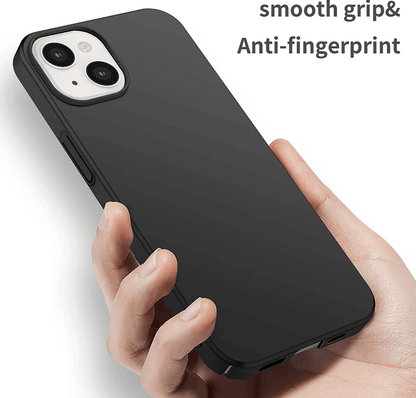 Black phone case held in a hand with text 'smooth grip & Anti-fingerprint' on a white background
