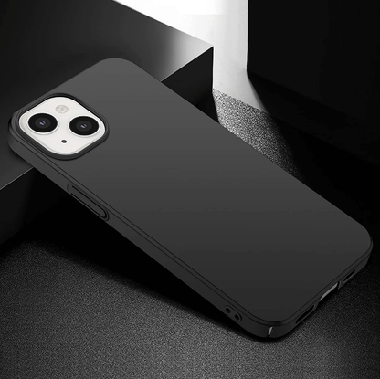 Black phone case on a dark surface with a blurred background