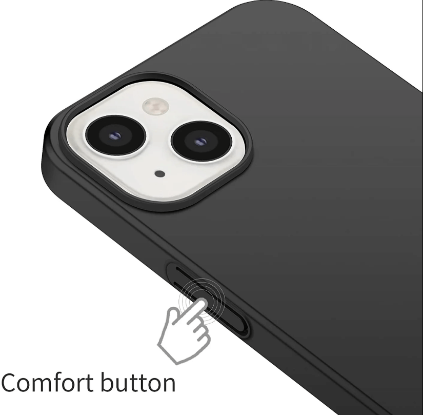 Black phone case with a comfort button labeled on a white background