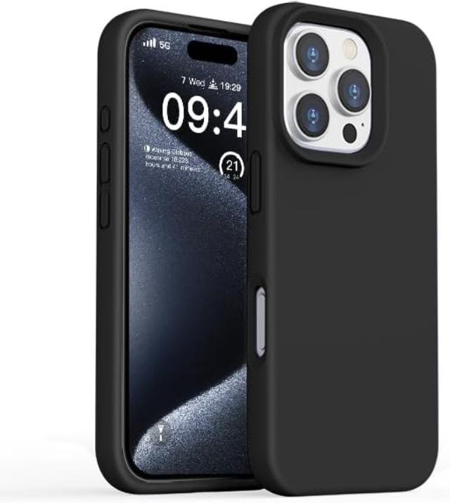 Black phone case with a phone screen displaying time and date on a white background