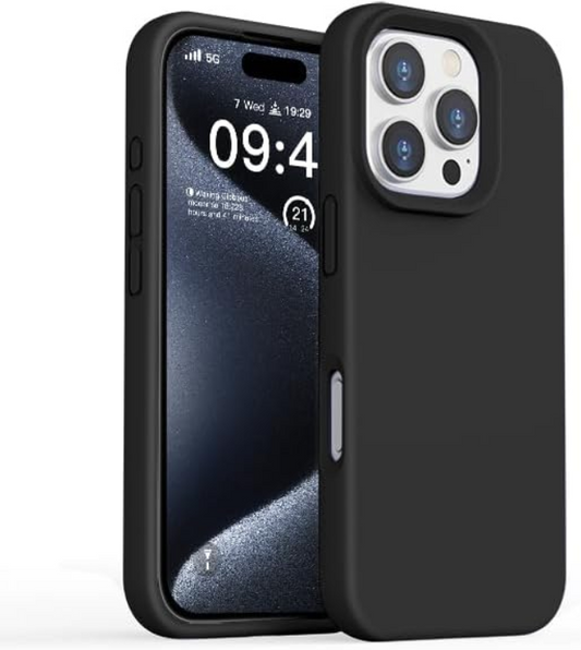 Black phone case with a phone screen displaying time and date on a white background