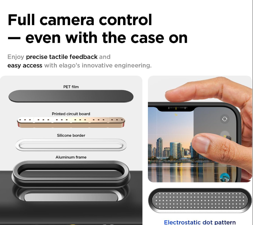 Phone case with layers and a hand holding the phone, featuring text about camera control and tactile feedback.