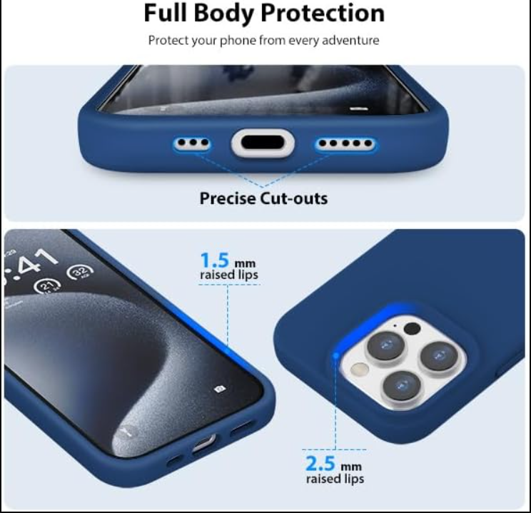 Blue phone case with text highlighting full body protection and precise cut-outs on a white background