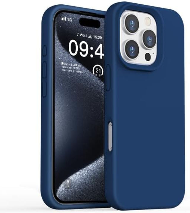 Blue phone case with a smartphone inside displaying the time and date.