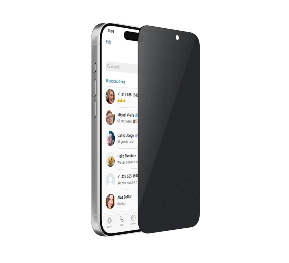 A black tempered glass screen protector shown partially covering the screen of a silver smartphone on a clean white background.