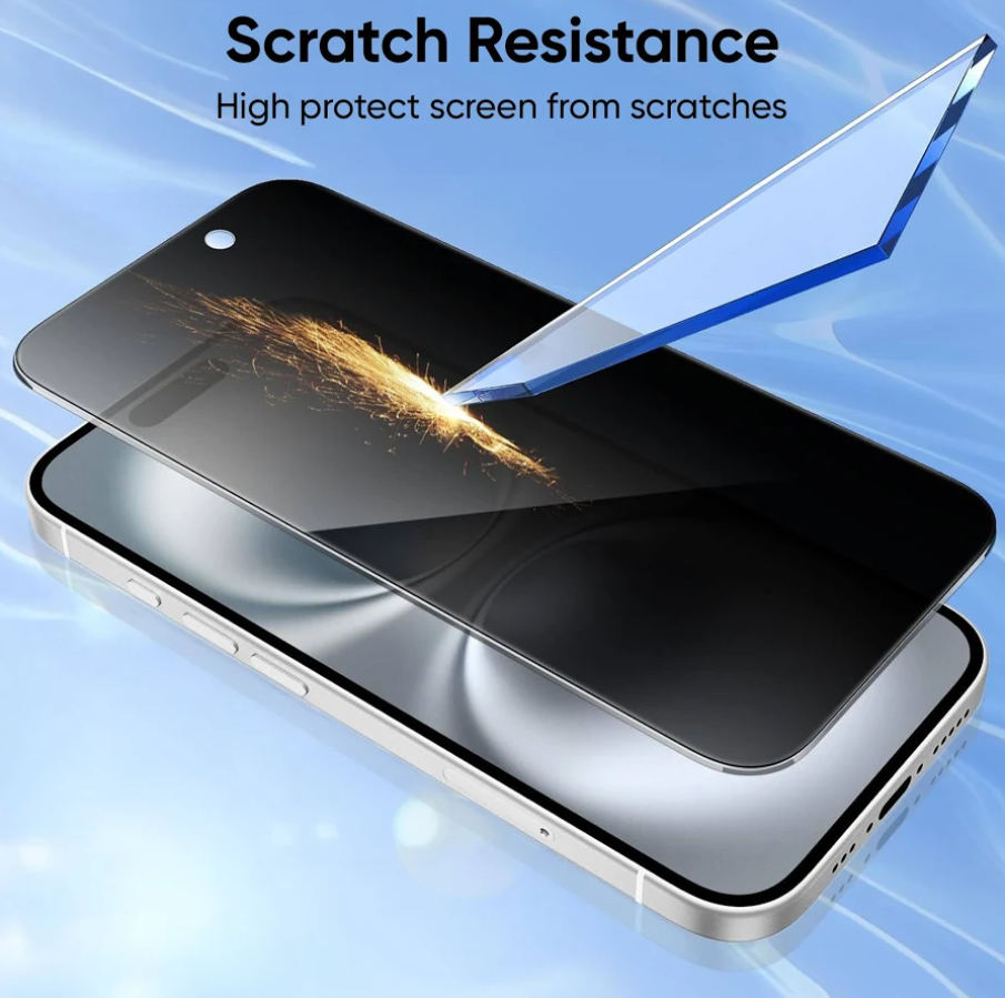 A smartphone shown at an angle with a transparent screen protector hovering above it, with text reading 'Scratch Resistance' and 'High protect screen from scratches' on a light blue graphic background.