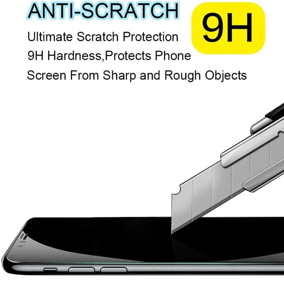 Anti-scratch 9H tempered glass screen protector being applied to a smartphone, with promotional text highlighting 9H hardness and scratch protection.