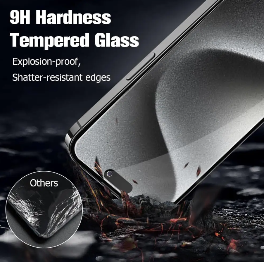 A smartphone shown at an angle with large marketing text reading '9H Hardness Tempered Glass' and 'Explosion-proof, Shatter-resistant edges.' A circular inset labeled 'Others' shows a cracked screen comparison.