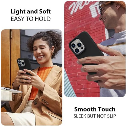 Person holding a phone with a phone case, text 'Light and Soft, Easy to Hold' and 'Smooth Touch, Sleek but Not Slip'.