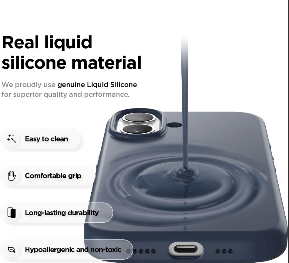 Phone case with liquid silicone material being poured onto it, featuring text about its properties.