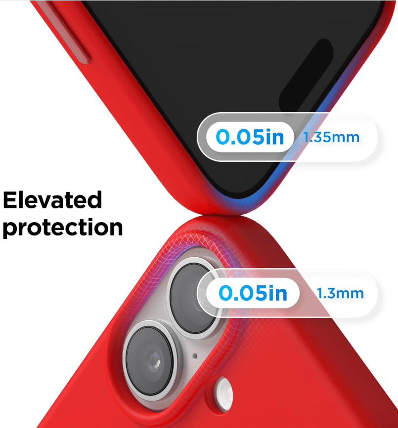Red phone case with camera and thickness indicators on a white background